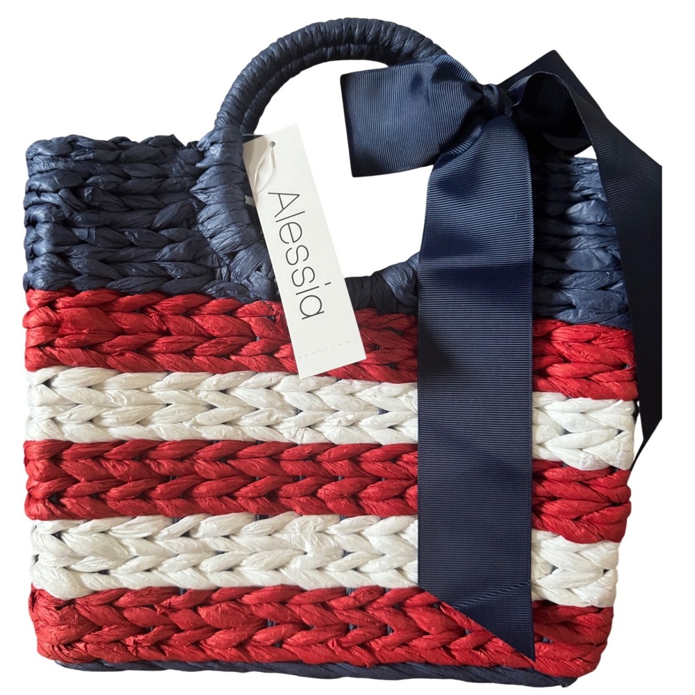 Viral Alessia Patriot 4th of July Small Straw Red Blue White Tote NWT 11*10